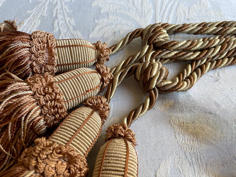 French Vintage Curtain Tiebacks, Chocolate Brown and White French Pair