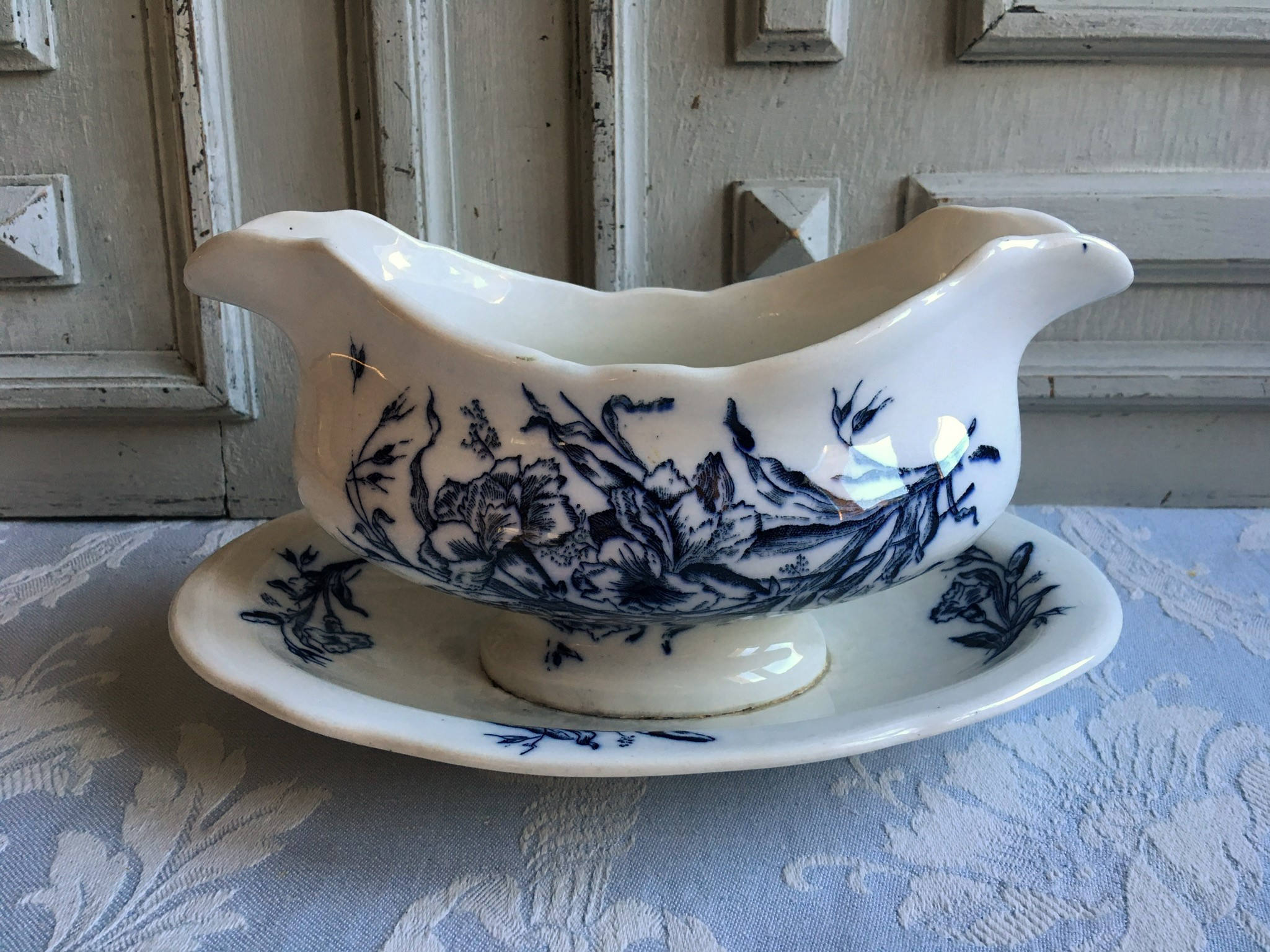 Plat de Sauce à La Pierre Fer Antique, Bateau Sauce, Porcelaine Des Années 1920 Français Transferwar