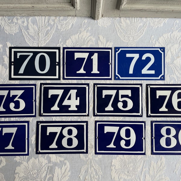 Numéro de maison émaillé vintage français, DIVERS 71, 72, 74, 77-80, véritable plaque murale bleue et blanche, plaque ancienne en émail, plaque murale.