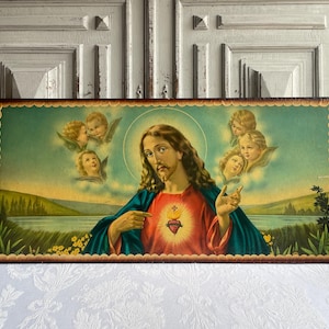 Franse vintage religieuze print, polychroom heilig hart, engeltjes prachtige katholieke antieke religieuze memorabilia, volledige kleur jaren 1930