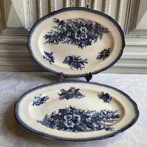 Antique French Ironstone serving platter, large oval transferware dark Indigo blue plate, SINGLE transferware dinner plate, authentic 1880&#39;s