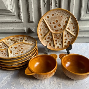 French Vintage Fondue plate SINGLE/PAIR Niderviller Mid Century, &quot;FAUVE&quot; bowls, gold Swiss comfort food 1960&#39;s rustic country kitchen.