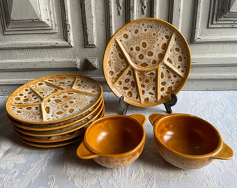 French Vintage Fondue plate SINGLE/PAIR Niderviller Mid Century, "FAUVE" bowls, gold Swiss comfort food 1960's rustic country kitchen.