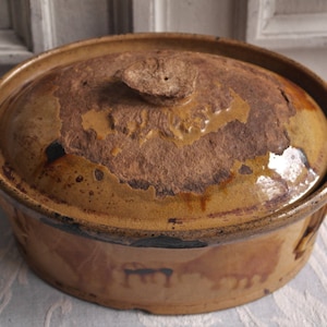 Antique French confit jar tureen, earthenware, handmade pot, semi-glazed, lidded 1900&#39;s chippy glazed storage jar vintage shabby chic