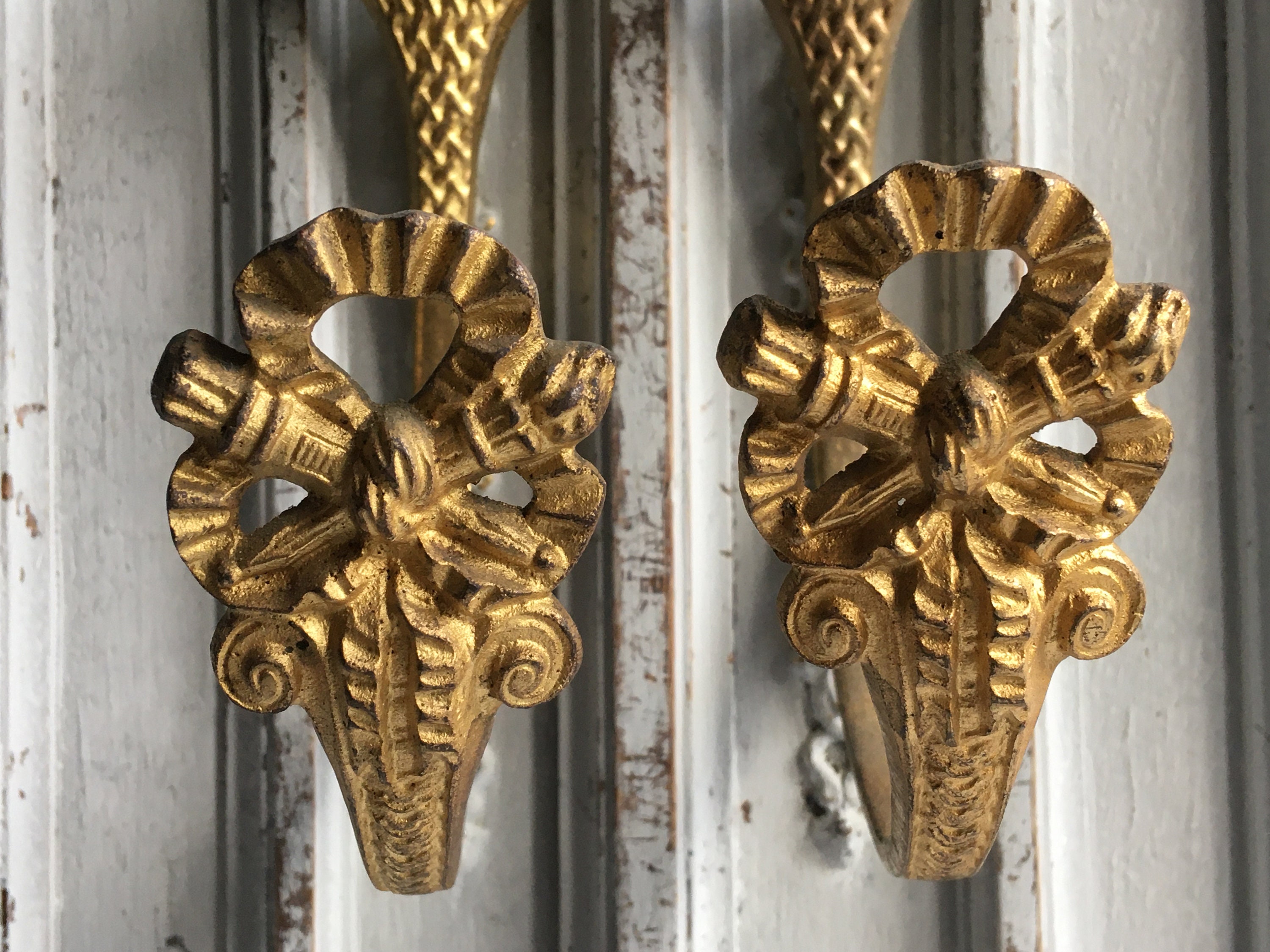 A pair Antique brass curtain tie backs French Ormolu scrolls Etsy