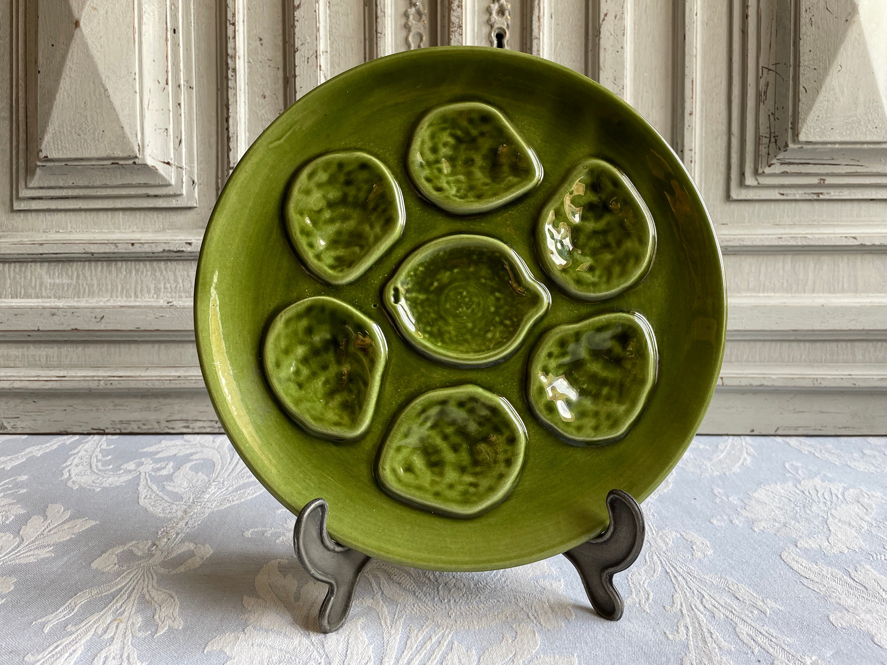 Assiette d'huîtres Français Vintage, Assiette de Fruits Mer en Porcelaine Niderviller Vert Olive, Se