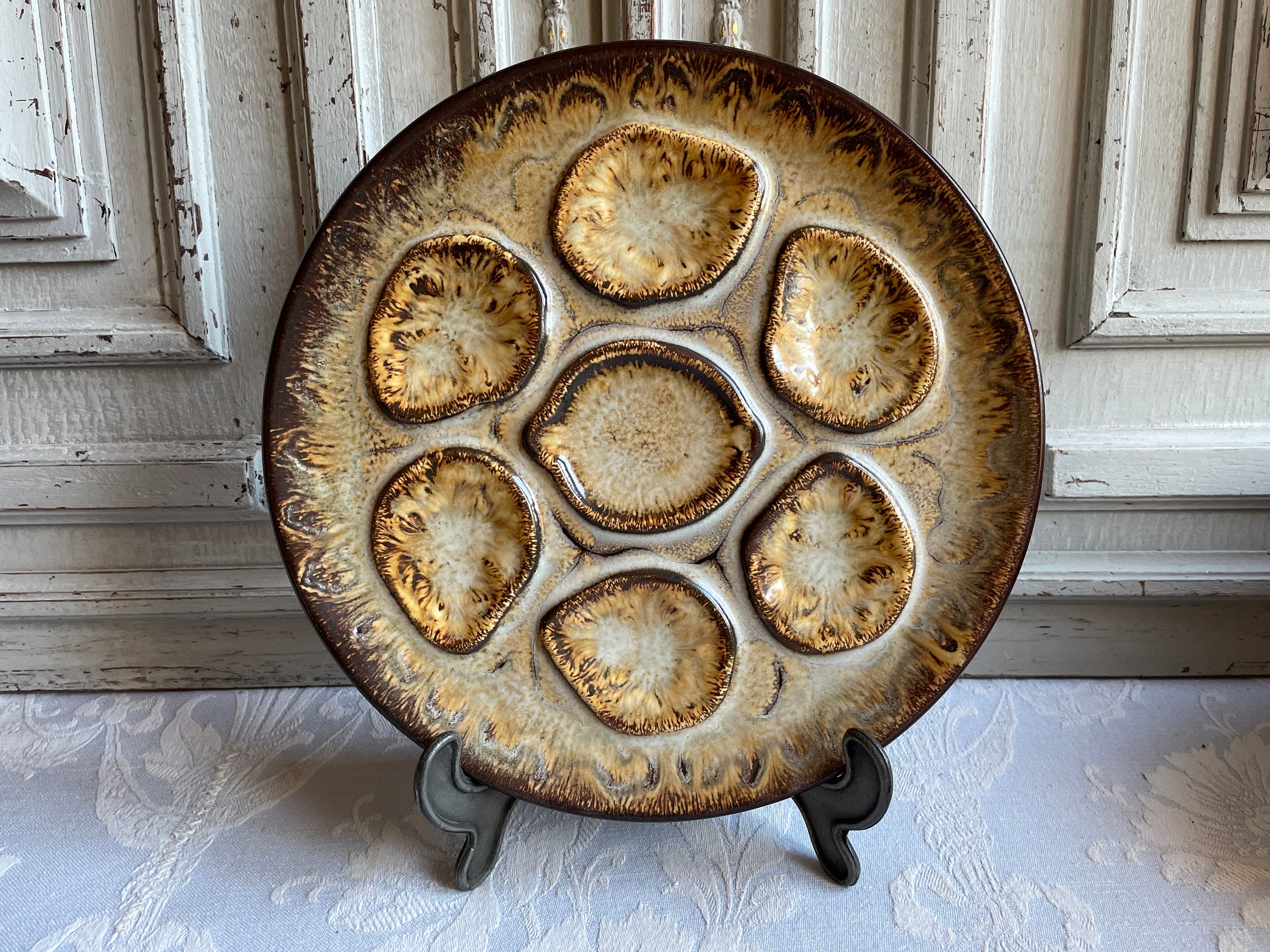 Assiette d'huîtres Vintage Français, Plat Unique Niderviller Mid Century,