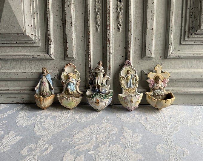 Antique French Holy Water Font, Benitier SMALL Porcelain Lourdes