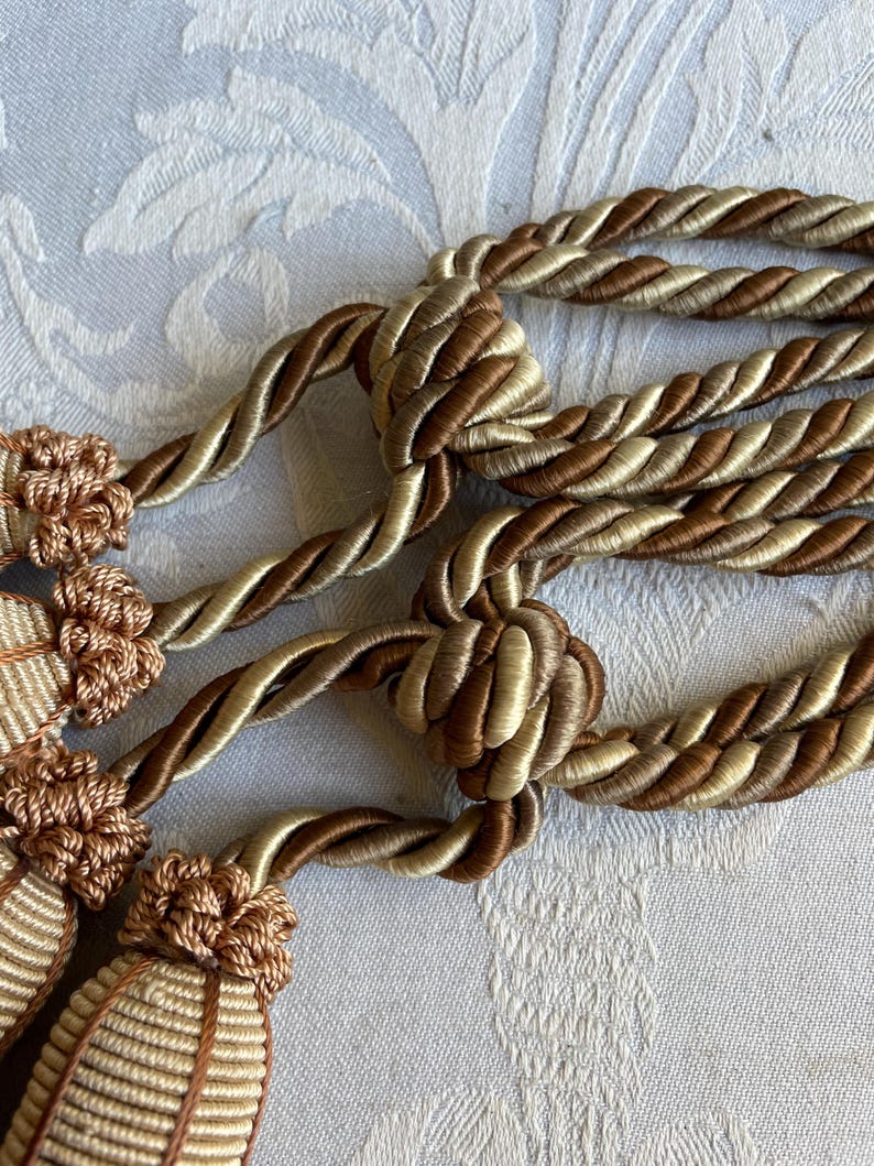 French Vintage Curtain Tiebacks, Chocolate Brown and White French Pair