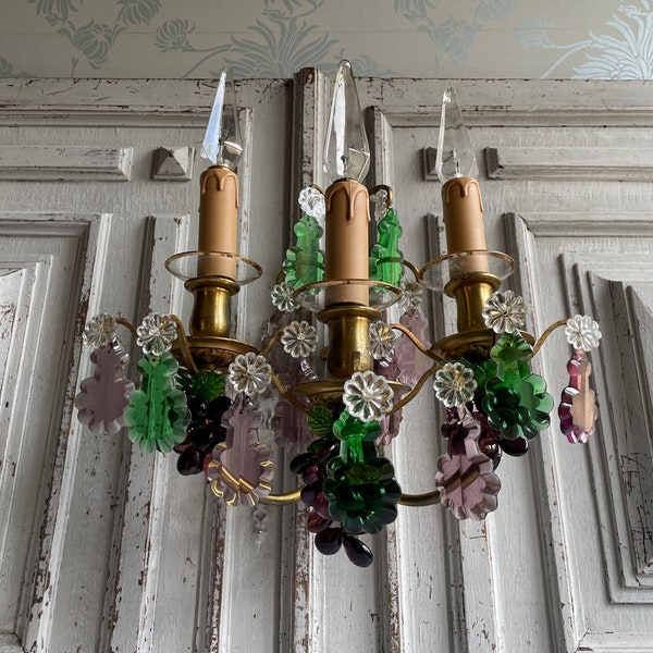 Antique Italian wall sconce Murano glass 3 armed candle light bunches purple grapes fruit chandelier crystal grapes, coloured green crystals