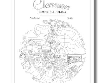 Clemson South Carolina Map Print! College campus map, Grad gift for her college, dorm decor poster, SC wall map art, 2025 Graduation Gift