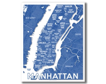 MANHATTAN NEIGHBORHOODS Map Print! Manhattan, New York City Map Print, Manhattan blue and white art print, Manhattan Art, NYC Map Poster!