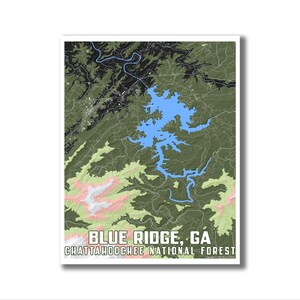 May include: A topographic map of Blue Ridge, Georgia, featuring the Chattahoochee National Forest. The map shows a large lake in the centre, surrounded by green forests and mountains. The map is printed on white paper with a light green border.