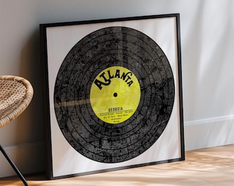 Atlanta Record Map Art Print - Modern City Map Wall Art, Music Inspired Atlanta Vinyl Decor, Unique Gift for Music Lovers and Locals, GA Art