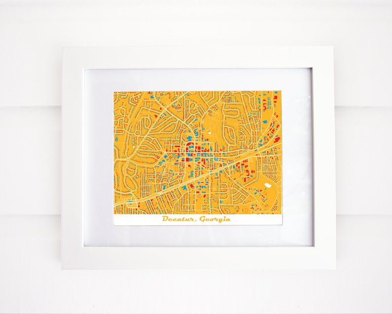 Decatur, GA Map, More Colors Moving Away Gift Going Away Gift Wedding Gift Yellow Landscape