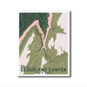 May include: A green and pink topographic map of Cloudland Canyon State Park in Rising Fawn, GA. The map shows the trails and features of the park.