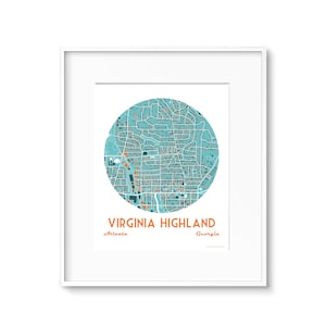 Virginia Highland, Atlanta Neighborhood, Moving Away, Going Away, Wedding, Housewarming Gift Wedding Gift Modern Blue & Orange