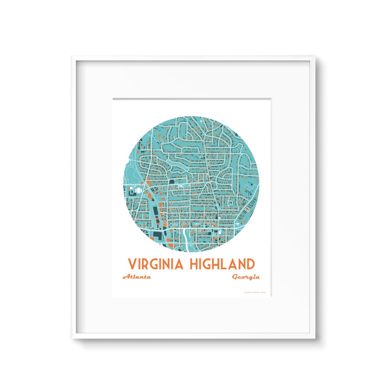 Virginia Highland, Atlanta Neighborhood, Moving Away, Going Away, Wedding, Housewarming Gift Wedding Gift Modern Blue & Orange