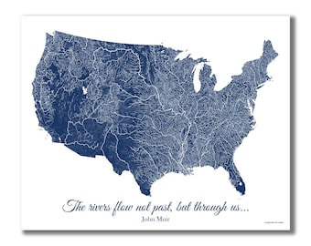 US Rivers Map, US Hydrology Map, Rivers of the US Map, kayaker, canoer, fishing, hiker, nature lover, cabin art, rustic decor, us waterways!