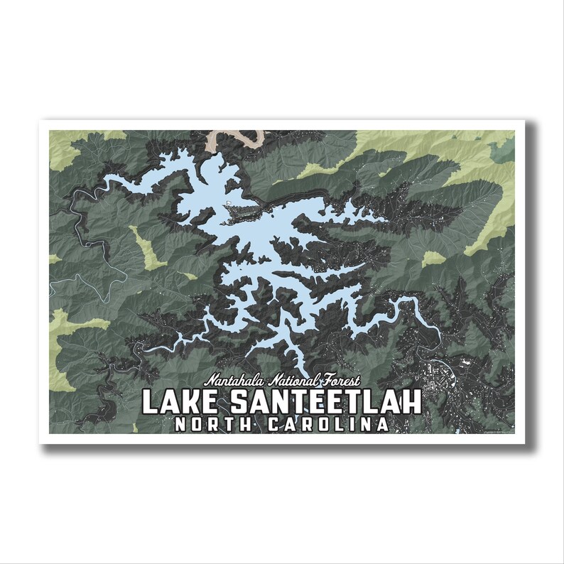 May include: A map of Lake Santeetlah in North Carolina, showing the lake's shape and surrounding forest. The map is labelled "Nantahala National Forest" and "Lake Santeetlah, North Carolina".