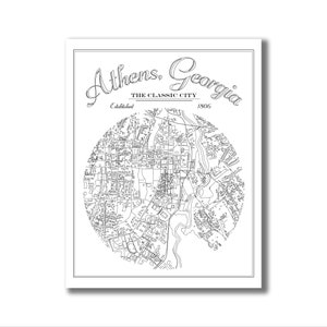 May include: Black and white map of Athens, Georgia, with the text "Athens, Georgia THE CLASSIC CITY Established 1806".
