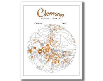 CLEMSON SC Map Print! Clemson sc Art, orange and black Clemson map, Clemson GRAD Gift, South Carolina Art, housewarming gift, realtor gift!