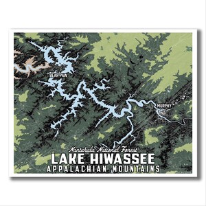 May include: A map of Lake Hiwassee in the Nantahala National Forest, Appalachian Mountains. The map shows the lake's shape, surrounding forest, and the towns of Bear Paw and Murphy.