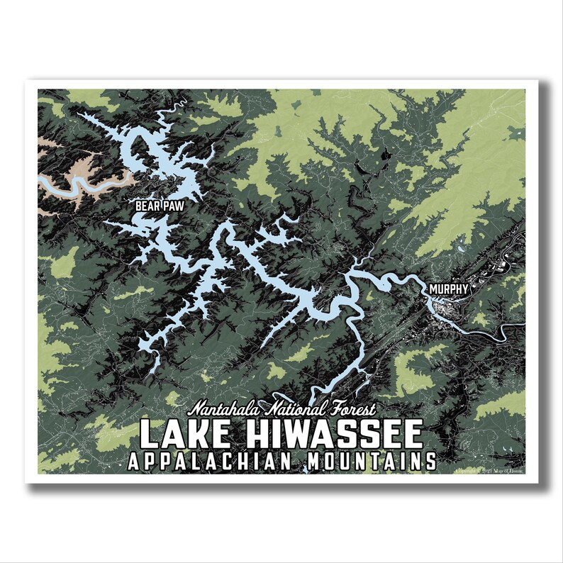 May include: A map of Lake Hiwassee in the Nantahala National Forest, Appalachian Mountains. The map shows the lake's shape, surrounding forest, and the towns of Bear Paw and Murphy.