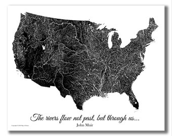 US Rivers Map, US Hydrology Map, Rivers of the US Map, kayaker, canoer, fishing, hiker, nature lover, cabin art, rustic decor, us waterways!