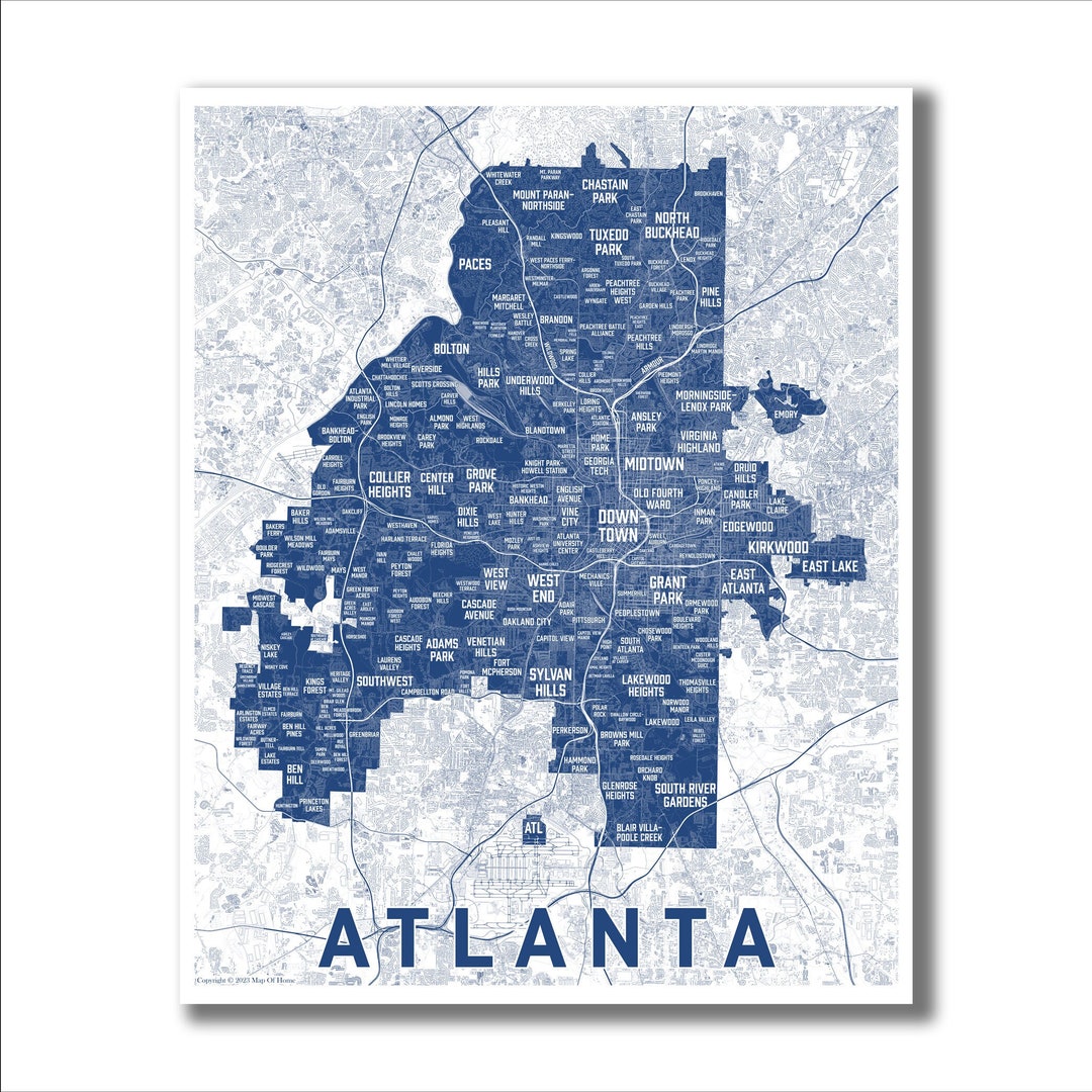 Atlanta Neighborhoods Map Atlanta GA Poster, Atlanta City Map, Atlanta Modern Art, Housewarming