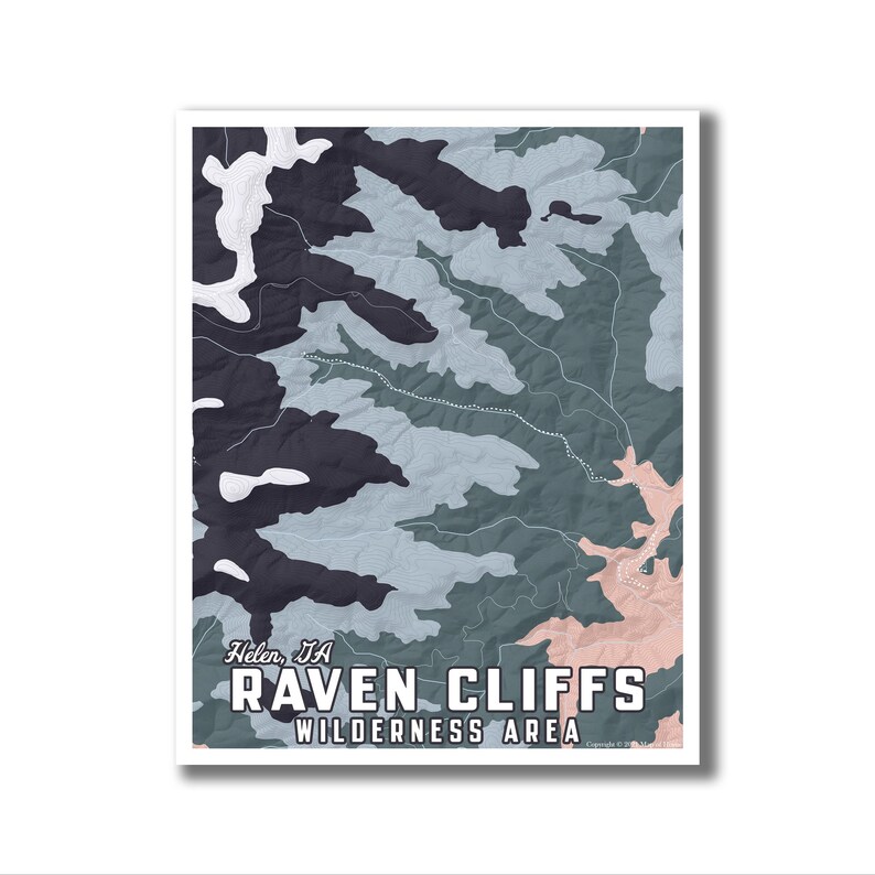 May include: An abstract map of the Raven Cliffs Wilderness Area in Helen, GA, featuring a stylised depiction of the area's terrain and trails in shades of blue and green.