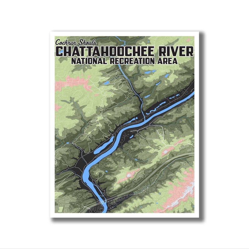 May include: A map of the Cochran Shoals Chattahoochee River National Recreation Area. The map shows the river winding through a green forested area.