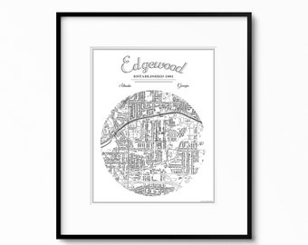 Edgewood! Atlanta Neighborhood Map Art!  Moving Away Gift! Going Away Gift! Housewarming Gift, Wedding Gift, Home Decor, Modern Map!