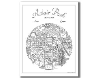 Adair Park Map, Atlanta Neighborhood, Airbnb Decor, Wedding, Going Away, Travel Art, Graduation, and Housewarming Gift! Vintage Style Map!