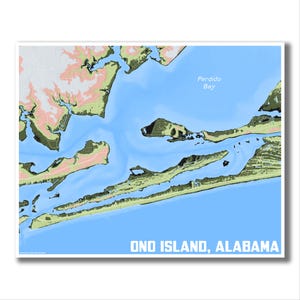 May include: A map of Ono Island, Alabama, showing the island's shape and surrounding water. The map is labelled "Perdido Bay" in the top right corner and "ONO ISLAND, ALABAMA" in the bottom right corner.