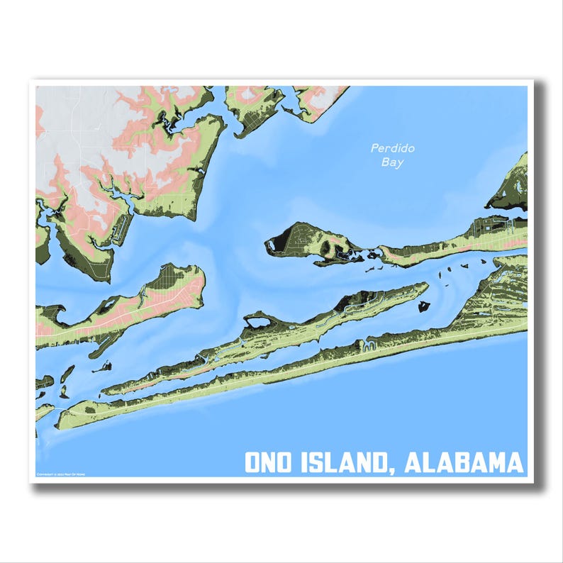 May include: A map of Ono Island, Alabama, showing the island's shape and surrounding water. The map is labelled "Perdido Bay" in the top right corner and "ONO ISLAND, ALABAMA" in the bottom right corner.