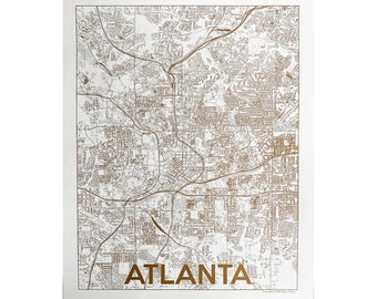 Atlanta Map Art! Screen Print, Gold Ink on White Poster, Wall Art, Housewarming Gift, Going Away, Moving Away Gift,