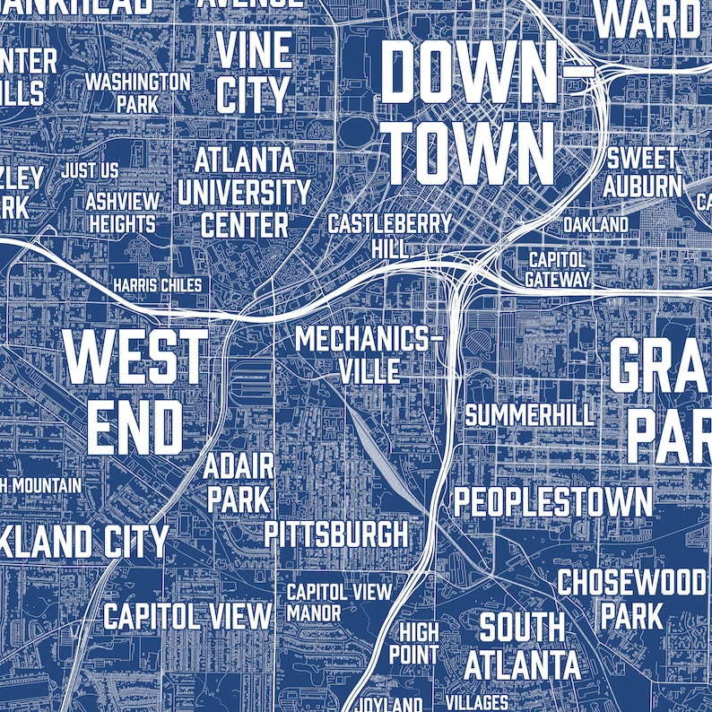 Atlanta Neighborhoods Map Atlanta GA Poster, Atlanta City Map, Atlanta Modern Art, Housewarming, Moving, Wedding, Graduation, Travel Gift image 2