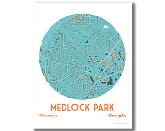Medlock Park Map Print, Decatur GA Map, Decatur Modern Art, Housewarming Gift, Closing Gift, Moving Away Gift, Decatur Map, Wedding Gift!