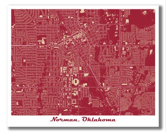 NORMAN OK Map Print, Norman Oklahoma Map, Norman Art Print, Norman Modern Style Map, Housewarming Gift, Crimson and Cream, Oklahoma Map Art!