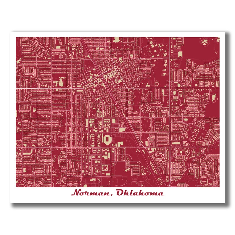 NORMAN OK Map Print, Norman Oklahoma Map, Norman Art Print, Norman Modern Style Map, Housewarming Gift, Crimson and Cream, Oklahoma Map Art image 1