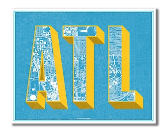Atlanta Map Sign, Blue and Yellow Modern Map of Atlanta, ATL, Any City Sign!