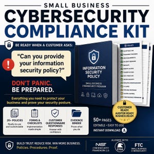 Op de afbeelding: Een cybersecurity compliance kit voor kleine bedrijven met een donkerblauwe map met het label Information Security Policy. De kit bevat meer dan 50 bewerkbare pagina's, checklists en beleidsdocumenten die voldoen aan de NIST- en FTC-normen.