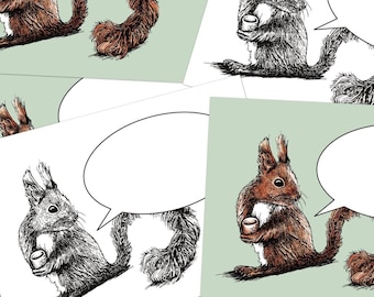 Postcard set (5 postcards) for self-labeling, squirrel with speech bubble: invitation, thank you, appointment, congratulations, saying