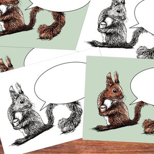 Postcard set (5 postcards) for self-labeling, squirrel with speech bubble: invitation, thank you, appointment, congratulations, saying