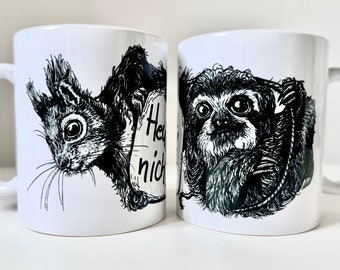 Keramik Tasse "Heute nicht." mit Eichhörnchen und Faultier. Kaffeetasse, Teetasse, Illustration, pixelgraphix