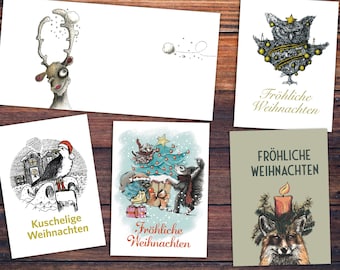 Mix Weihnachtskarten (5 Stück): "Misslaunige Eule", "Fröhliche Weihnachten", "Möwe", "Fuchs" und "Schneeballschmeißer"