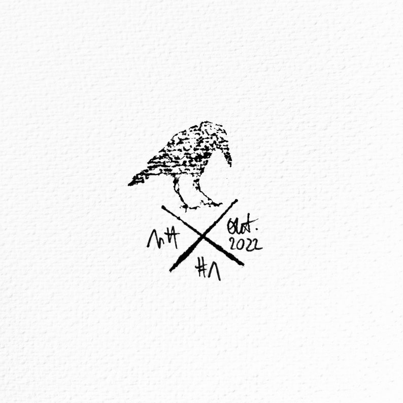 May include: Black and white ink drawing of a crow with crossed sticks and the text "Oct. 2022" below.