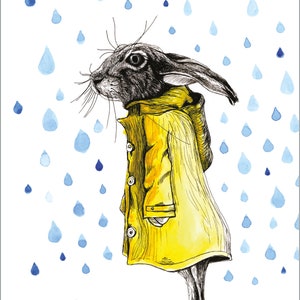 May include: A watercolor illustration of a rabbit wearing a yellow raincoat standing in the rain. Blue raindrops fall from the sky.