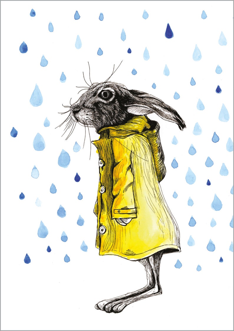 May include: A watercolor illustration of a rabbit wearing a yellow raincoat standing in the rain. Blue raindrops fall from the sky.